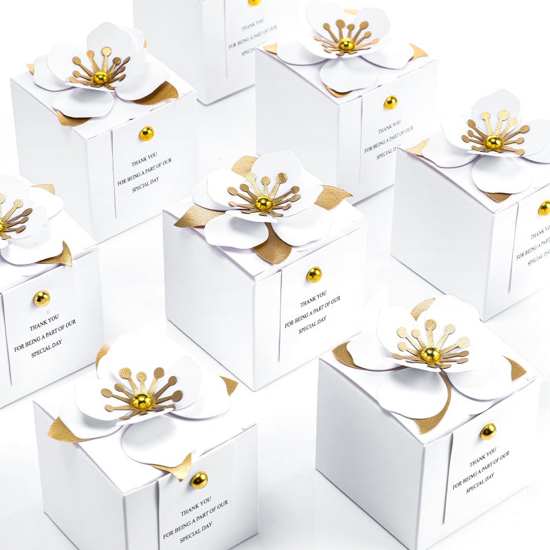 Affrolling 50 Pcs Wedding Favor Boxes with Thanks Card Square Flower Candy Boxes Paper Bridal Gift Box for Guests Wedding Bridal Shower Birthday Party AnniversaryWhite